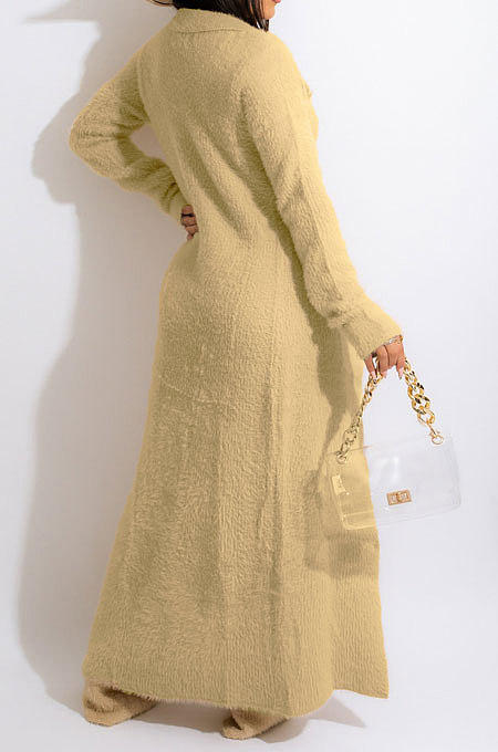 Beige Euramerican Winter Wome's Plush Single-Breasted Long Coat Bodycon Pants Sets LD81065