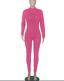 Rose Red Eurameircan Sexy Long Sleeve Hollow Out High Waist Bodycon Jumpsuits FMM2053-9