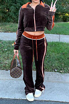 Coffee Euramerican Trendy Women's Turn-Down Collar Zipper Spliced Srop Flare Leg Pants Sets MDF5269