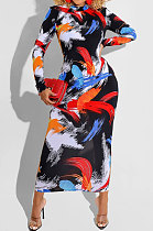 Black Red Printing Zipper Both Sides Wear Bodycon Long Dress WMZ2689-1