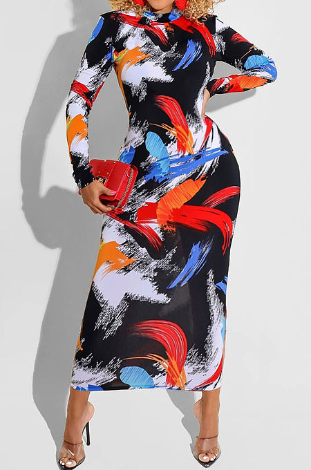 Black Red Printing Zipper Both Sides Wear Bodycon Long Dress WMZ2689-1