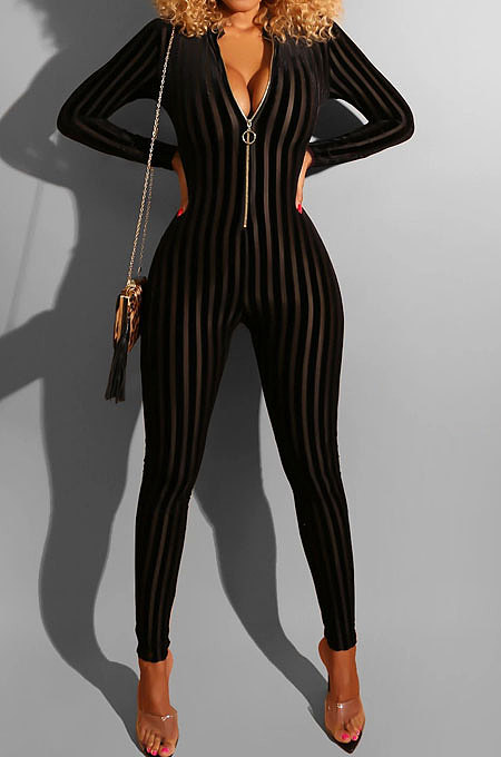 Black Euramerican Women's Sexy Both Sides Wear Zipper High Waist Velvet Bodycon Jumpsuits FMM1168-1