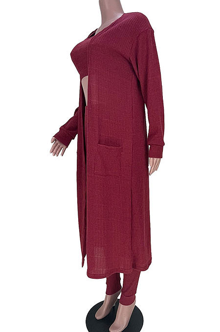Chocolate Euramerican Solid Color Tanks Long Coat Velvet Tight Pants Three Pieces MDF5274-2