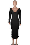 Black Women's Sexy Deep V Collar Off Shoulder Cotton Ribber Casual Bodycon Midi Dress FMM2094-3