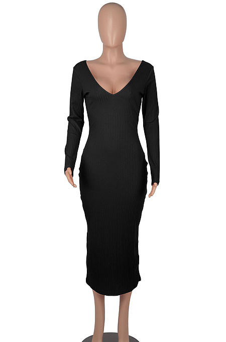 Black Women's Sexy Deep V Collar Off Shoulder Cotton Ribber Casual Bodycon Midi Dress FMM2094-3