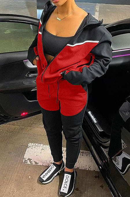 Black Red Wholesale  Women's Spliced Zipper Hoodie Tops Skinny Pants Sport Sets YM225-4