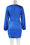 Wine Red Night Club Long Sleeve V Neck Collect Waist Plain Dress ZS0429-2