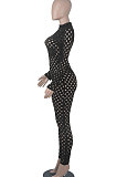 Red Eurameircan Sexy Long Sleeve Hollow Out High Waist Bodycon Jumpsuits FMM2053-3