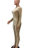 Khaki Euramerican Women's Sexy Both Sides Wear Zipper High Waist Velvet Bodycon Jumpsuits FMM1168-3