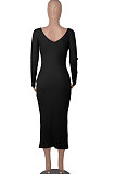 Black Women's Sexy Deep V Collar Off Shoulder Cotton Ribber Casual Bodycon Midi Dress FMM2094-3