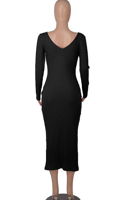Black Women's Sexy Deep V Collar Off Shoulder Cotton Ribber Casual Bodycon Midi Dress FMM2094-3