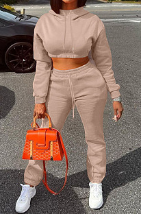 SUPER WHOLESALE|Khaki Casusl Pure Color Velvet Hoodie Jogger Pants Suit LML279-5