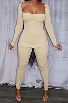 Cream Fashion Ribber New Long Sleeve Square Neck Split  Tops Bodycon Pants Plain Suit ZS0433-4