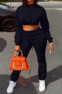 SUPER WHOLESALE|Black Casusl Pure Color Velvet Hoodie Jogger Pants Suit LML279-3