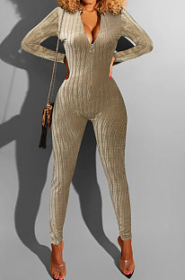 Khaki Euramerican Women's Sexy Both Sides Wear Zipper High Waist Velvet Bodycon Jumpsuits FMM1168-3