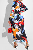 Dark Green Printing Zipper Both Sides Wear Bodycon Long Dress WMZ2689-2