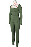 Army Green Fashion Ribber New Long Sleeve Square Neck Split  Tops Bodycon Pants Plain Suit ZS0433-3