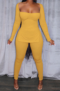 Yellow Fashion Ribber New Long Sleeve Square Neck Split  Tops Bodycon Pants Plain Suit ZS0433-1 