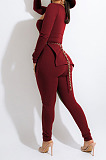 Army Green Fashion Ribber New Long Sleeve Square Neck Split  Tops Bodycon Pants Plain Suit ZS0433-3