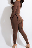 Yellow Fashion Ribber New Long Sleeve Square Neck Split  Tops Bodycon Pants Plain Suit ZS0433-1 