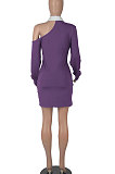 Red Autumn Trendy Oblique Shoulder Turn-Down Collar Long Sleeve Sexy Hip Mini Dress FMM2099-1