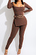 Camel Fashion Ribber New Long Sleeve Square Neck Split  Tops Bodycon Pants Plain Suit ZS0433-7