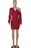 Red Autumn Trendy Oblique Shoulder Turn-Down Collar Long Sleeve Sexy Hip Mini Dress FMM2099-1