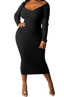 Black Women's Sexy Deep V Collar Off Shoulder Cotton Ribber Casual Bodycon Midi Dress FMM2094-3