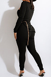 Yellow Fashion Ribber New Long Sleeve Square Neck Split  Tops Bodycon Pants Plain Suit ZS0433-1 