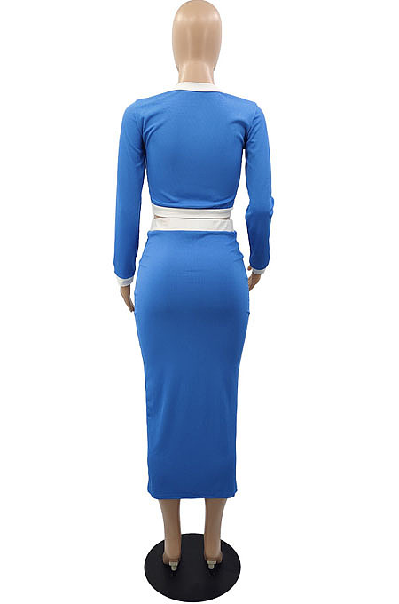 Blue Luxe Elegant Long Sleeve Single-Breasted Tops Hip Skirts Fashion Suit YMM9091-3