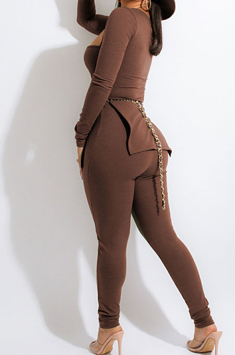 Camel Fashion Ribber New Long Sleeve Square Neck Split  Tops Bodycon Pants Plain Suit ZS0433-7