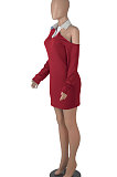 Army Green Autumn Trendy Oblique Shoulder Turn-Down Collar Long Sleeve Sexy Hip Mini Dress FMM2099-6
