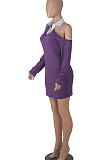 Red Autumn Trendy Oblique Shoulder Turn-Down Collar Long Sleeve Sexy Hip Mini Dress FMM2099-1