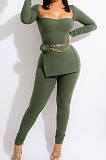 Black Fashion Ribber New Long Sleeve Square Neck Split  Tops Bodycon Pants Plain Suit ZS0433-2