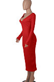Red Women's Sexy Deep V Collar Off Shoulder Cotton Ribber Casual Bodycon Midi Dress FMM2094-1