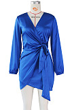 Wine Red Night Club Long Sleeve V Neck Collect Waist Plain Dress ZS0429-2