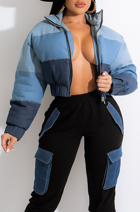 Blue Causal New Jean Spliced Zipper Crop Cotton Jacket ZS0430-1