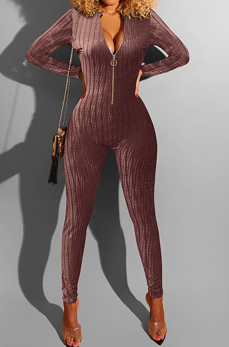 Wine Red Euramerican Women's Sexy Both Sides Wear Zipper High Waist Velvet Bodycon Jumpsuits FMM1168-4
