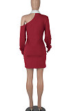 Red Autumn Trendy Oblique Shoulder Turn-Down Collar Long Sleeve Sexy Hip Mini Dress FMM2099-1