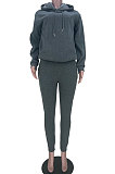 Dark Gray Women's Fashion Casual Pure Color Hoodie Two Pieces MDF5271