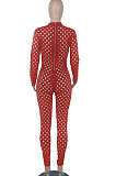 Red Eurameircan Sexy Long Sleeve Hollow Out High Waist Bodycon Jumpsuits FMM2053-3