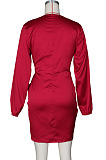 Wine Red Night Club Long Sleeve V Neck Collect Waist Plain Dress ZS0429-2