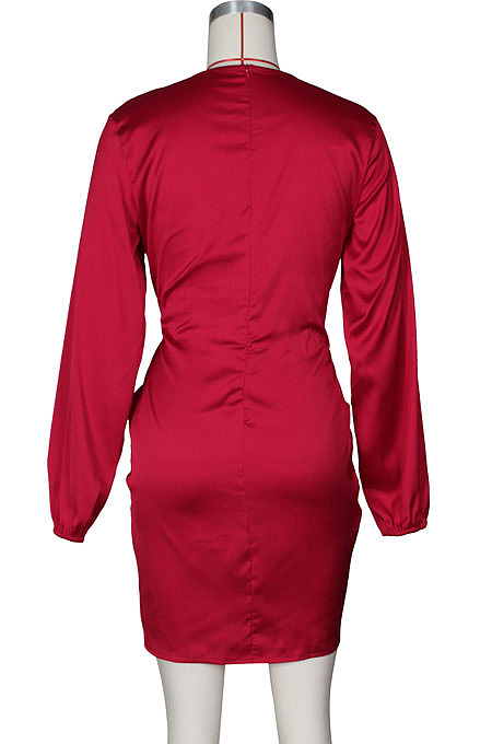 Black Night Club Long Sleeve V Neck Collect Waist Plain Dress ZS0429-3