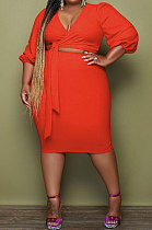 Red Euramerican Fat Women's Long Sleeve V Neck Bandage Tops Hip Skirts Plaid Suit YMM9092-1