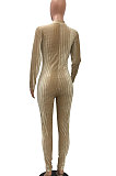 Khaki Euramerican Women's Sexy Both Sides Wear Zipper High Waist Velvet Bodycon Jumpsuits FMM1168-3