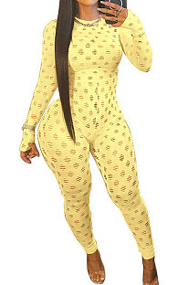 Yellow Eurameircan Sexy Long Sleeve Hollow Out High Waist Bodycon Jumpsuits FMM2053-1