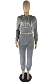 Grey Fashion Casual Letter Printed Crop Hoodie Jogger Pants Plain Suit YC8058-1