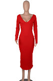 Gray Women's Sexy Deep V Collar Off Shoulder Cotton Ribber Casual Bodycon Midi Dress FMM2094-2