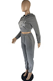 Black Fashion Casual Letter Printed Crop Hoodie Jogger Pants Plain Suit YC8058-2