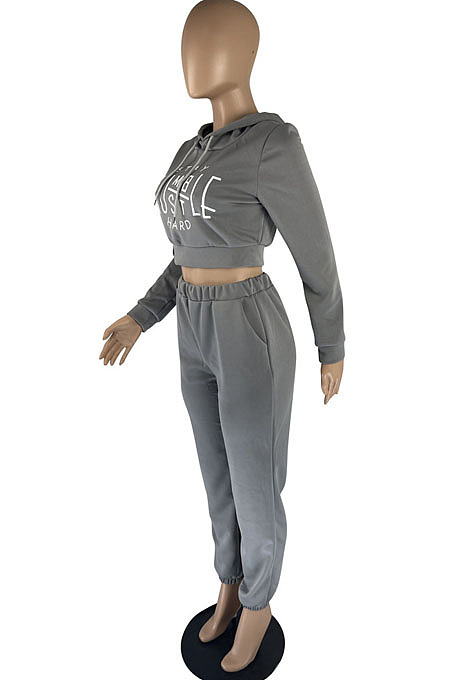 Black Fashion Casual Letter Printed Crop Hoodie Jogger Pants Plain Suit YC8058-2
